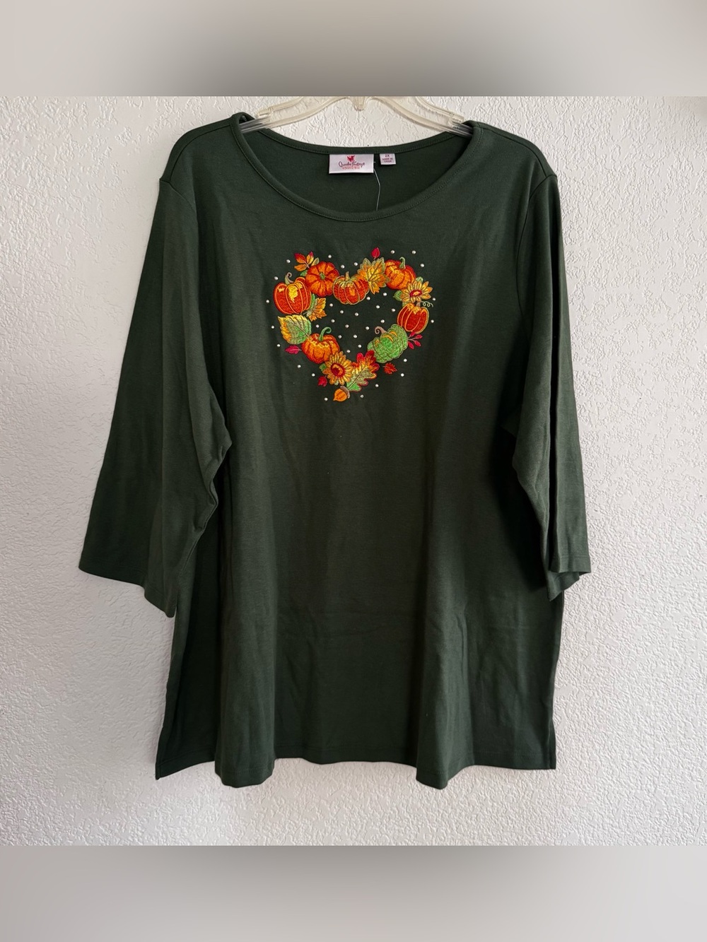 Quacker Factory Thanksgiving Pumpkin Olive Green 3/4-sleeve top embroidered 2X